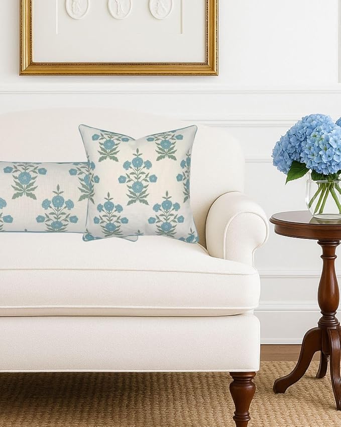 Jillien Harbor Amelia 20" x 20" Floral Throw Pillow Cover Blockprint 50 cm x 50 cm Grandmillennial Home Decor (20" x 20")