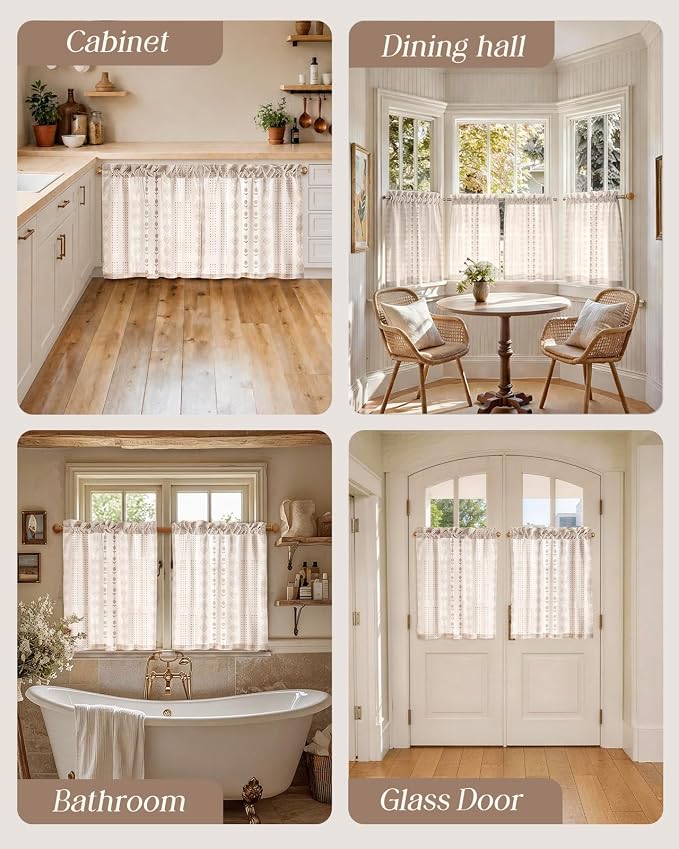 Miss Adola Farmhouse Kitchen Tier Curtains - 30 Inch Length Linen Blend Boho Cafe Curtains Striped Beige Small Window Treatments Over Sink Rod Pocket for Bathroom Living Room Light Filtering, 2 Panels