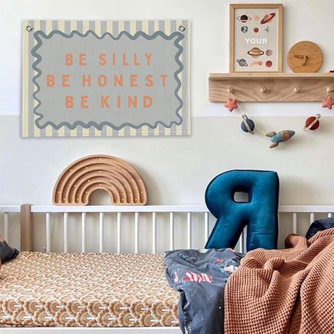 RTXLEZM Kids Room Decor, Be Silly Be Honest Be Kind Nursery Banner | Retro Blue Striped Inspirational Wall Hanging for Kids Toddler Boys Girls Nursery Room Bedroom Playroom Decor