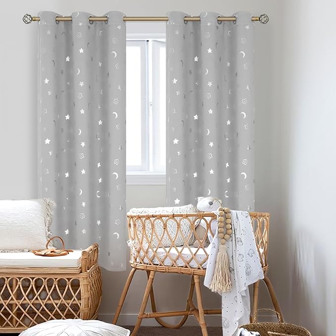 BGment Nursery Curtains for Kids Room, Star and Moon Blackout Curtains for Girls Boys Bedroom, Room Darkening Thermal Insulated Decoration Window Grommet Curtains, 2 Panels of 42 x 72 Inch, Light Grey