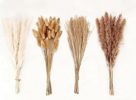 100 Pcs Natural Dried Pampas Grass & Natural Bunny Tails, 17" Fluffy Boho Decor for Wedding Centerpieces, Farmhouse Home Arrangements | Long-Lasting Low-Shed Dry Flowers