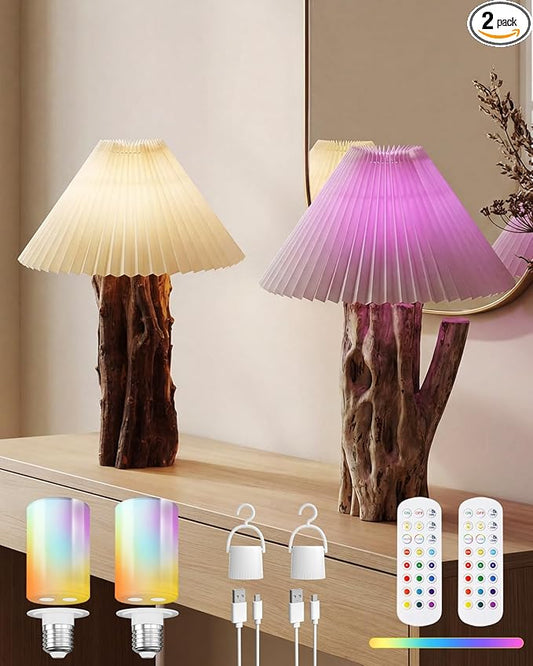 Lustaled Rechargeable Table Lamps Set of 2, 12RGB+3CCT Dimmable Cordless Desk Lamp with Remote/Nightlight/Timer, Battery Operated Rustic Wood Bedside Lamp for Bedroom, Living Room,Entryway,Cozy Corner
