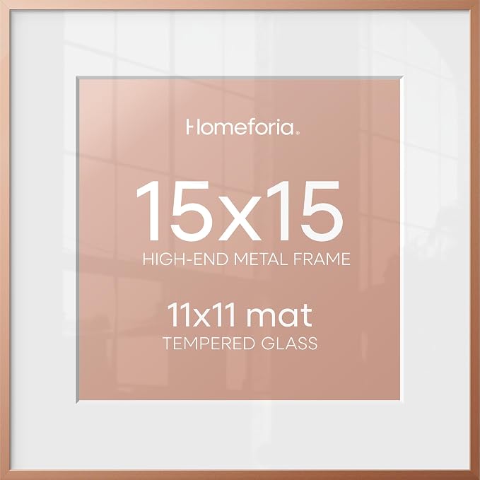 Homeforia 15x15 Picture Frame Rose Gold, High End Metal 15 x 15 Square Poster Frame with Mat 11 x 11 Photo, 15x15 Frame Matted to 11x11 Print, 15by15 Hanging Frames, Tempered Glass, Wall Kit, Set of 1