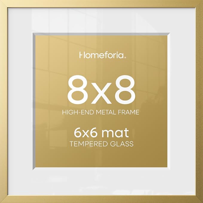 Homeforia 8x8 Picture Frame Gold, High End Metal 8 x 8 Square Photo Frames with Mat 6 by 6, 8x8 Poster Frame Matted to 6x6 inches Print, 8by8 Wall or Tabletop Frame, Tempered Glass, Wall Kit, Set of 2