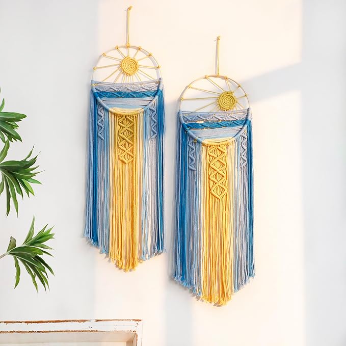 Artilady 2 Pack Blue Sun Wall Decor Macrame Hanging Tapestry Sunshine Sunset Wall Art Set, Rustic Woven Tapestries Boho Dream Catcher Colorful Decor for Bedroom Living Room Nursery (Blue 2Pcs)