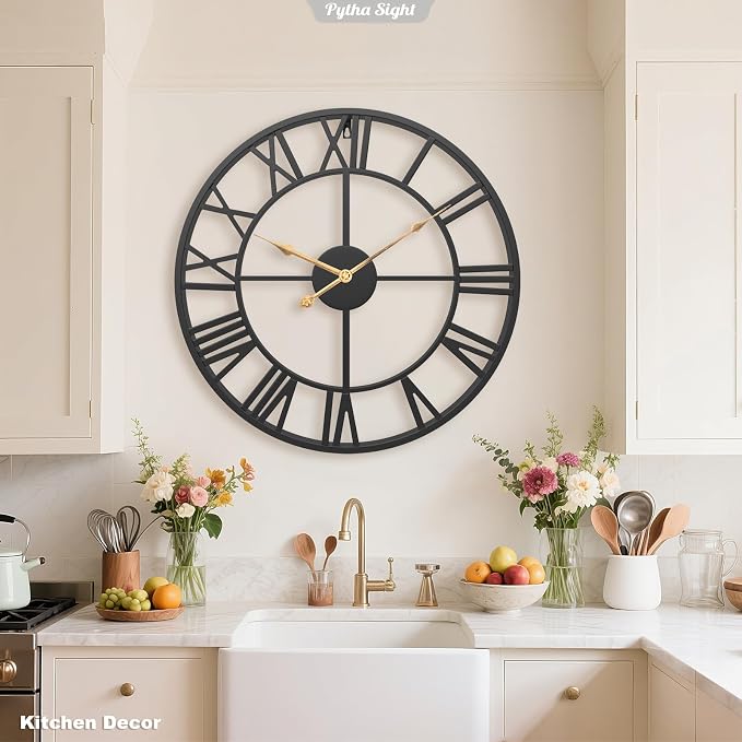 Pytha Sight Large Wall Clock for Lving Room,16 Inch Modern Industrial Decorative Metal Silent Battery Operated Big Roman Numerals Wall Clocks for Bedroom,Kitchen,Dining Room,Office,Kitchen