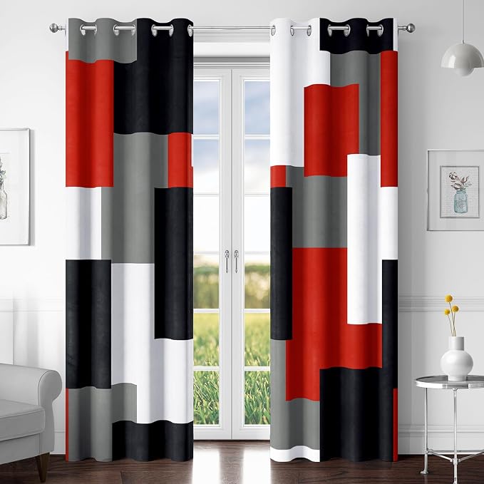 Tyrot Red Black 100% Blackout Curtains for Bedroom 108 inch Extra Long 2 Panels Set White Grey Modern Abstract Geometric Black Out Curtains Room Darkening Window Drapes for Living Room, 52Wx108L