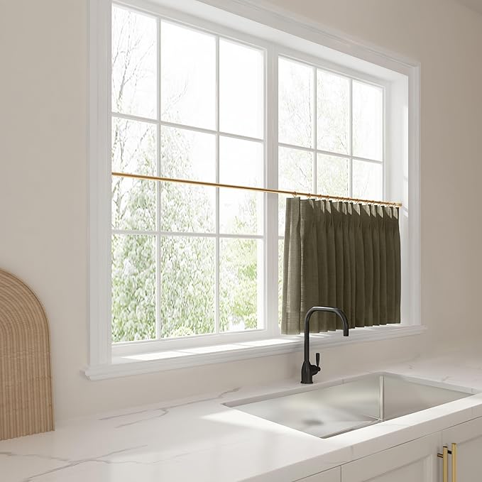 TWOPAGES 34" W x 45" L Linen Blend Cafe Curtains for Kitchen Window, Light Filtering Pinch Pleated Tier Curtains, Modern Farmhouse Half Window Curtains for Small Window, Sepia Ebony, 2 Panels