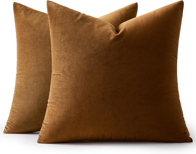 MIULEE Velvet Throw Pillow Covers 18x18 Inch, Pack of 2 - Golden Brown, Super Soft Decorative Square Cushion Cases Modern Luxury Home Decor for Sofa, Couch, Bed, Chair