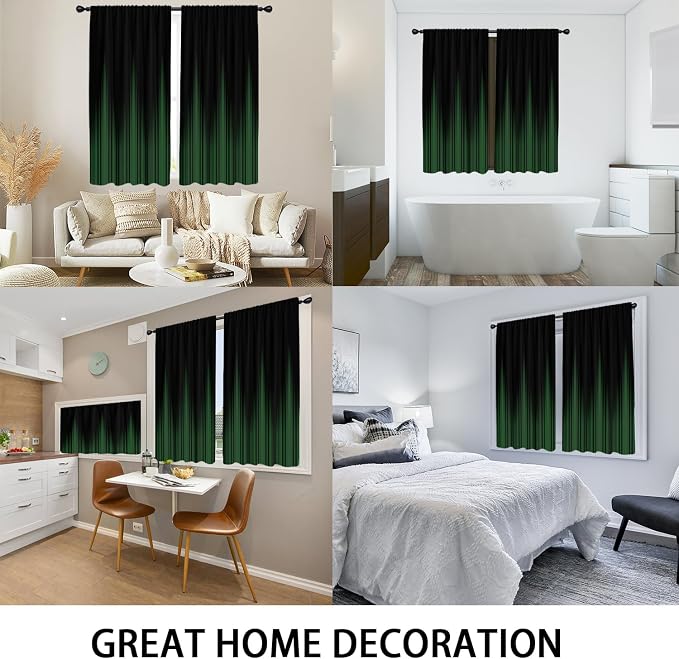 Coxila Green and Black Kitchen Window Curtains 27.5 x 39 Inch Small Short Mini Cafe Rod Pocket Gothic Goth Dark Ombre Anime Cool Living Bedroom Room Home Treatment Set of 2 Curtain Panels Drapes Tiers