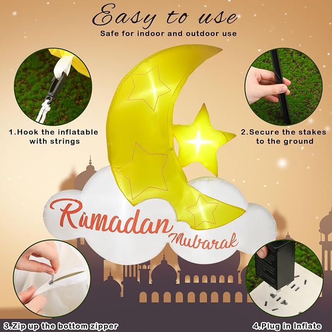 VIHOSE 5.5 ft Eid Al Adha Inflatable Ramadan Mubarak Blow Up Islamic Eid Decor Inflatable Muslim with LED Lights Celebrate Fasting Introspection and Prayer