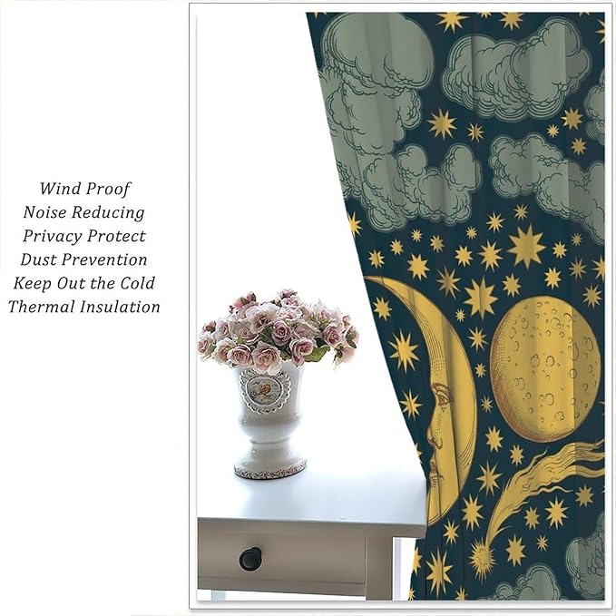 Sun Moon Blackout Window Curtains, Bohemian Sun Moon Star Pattern Print Window Drapes, for Living Room Bedroom 42x54in 2 Panels