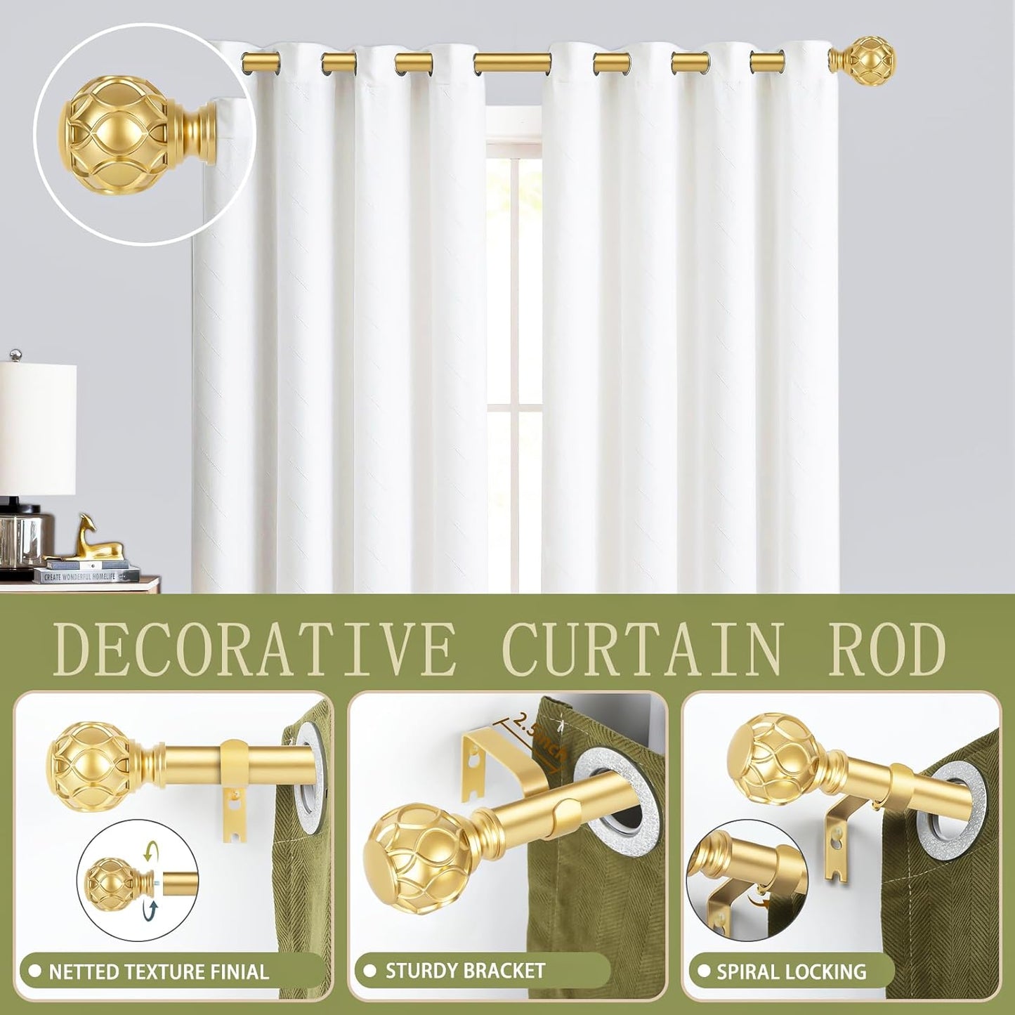 Gold Adjustable Curtain Rods for Windows:Farmhouse Heavy Duty Curtain Rod for Bedroom Living Room,Boho Decorative Rustic Drapery Rod with Vintage Coastal Finials,Brass Gold 2 Pack 66-120"