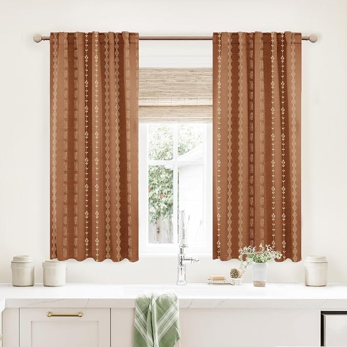 Lino Rosa Short Curtains for Windows Bedroom Blackout Boho Bathroom Window Kitchen Curtains 45 Inch Length Terracotta