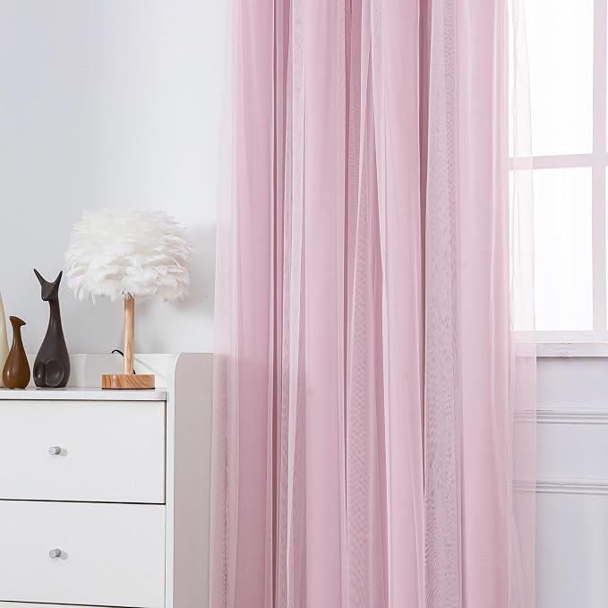 INLINAS Pale Pink Blackout Curtains with Sheer Overlay - Grommet Top Thermal and Noise Reduction Panels for Bedroom and Living Room Light Blocking and Energy Saving, 52 x 108 Inches, Set of 2