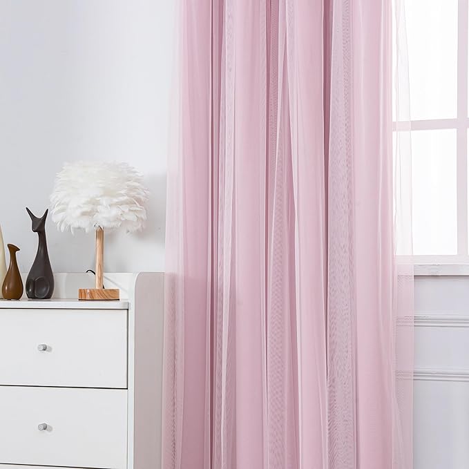 INLINAS Pale Pink Blackout Curtains with Sheer Overlay - Grommet Top Thermal and Noise Reduction Panels for Bedroom and Living Room Light Blocking and Energy Saving, 52 x 96 Inches, Set of 2