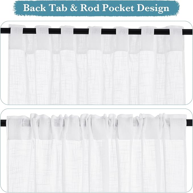 RYB HOME White Curtains & Drapes - Linen Textured Semi Sheer Curtains Privacy Panels for Living Room Bedroom Dining Bathroom Farmhouse Large Window Decor, W 70 x L 63, 2 Pcs