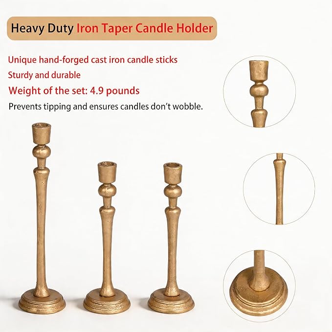 Antique Iron Taper Candle Holder Set of 3, Decorative Candle Stand | Heavy Cast Iron Candle Holder for Table Centerpiece, Candlestick Holder for Wedding, Dinning, Party, Antique Brass Finish