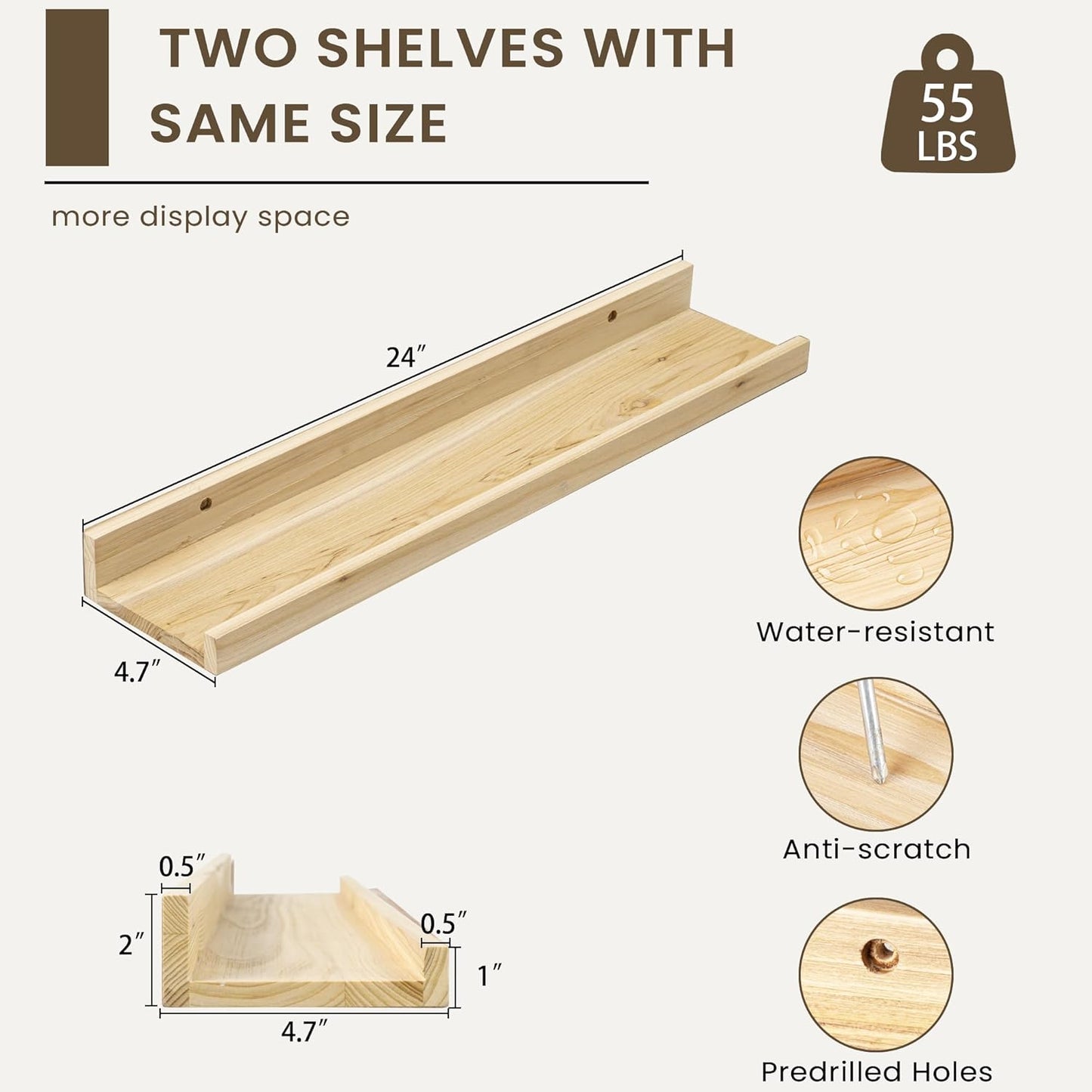 Floating Shelves for Wall, Picture Ledge Shelf 24 Inch Solid Wood Set of 2, Rustic Wall Shelves with Lip, Kids Bookshelf, Photo & Picture Live Edge Floating Shelves for Bedroom, Living Room, Kitchen