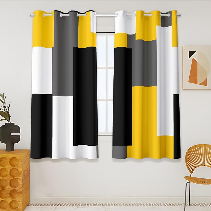 Tyrot Yellow 100% Blackout Curtains 45 inch Length 2 Panels Set Black White Grey Modern Abstract Geometric Drapes for Kitchen Black Out Curtains Insulated Room Darkening Small Window Curtains, 52Wx45L