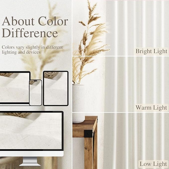Nanspring Beige White Linen Curtains 96 Inches Long for Living Room Semi Sheer Linen Blend Curtains Back Tab Rod Pocket Light Filtering Farmhouse Coastal Decor Curtain for Bedroom 60x96, 2 Panels