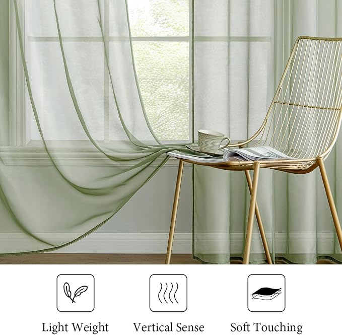 MIULEE 2 Panels Sage Green Sheer Curtains 108 inches Long Window Curtains Rod Pocket Elegant Window Voile Panels/Drapes/Treatment for Bedroom Living Room (54X108 Inches)
