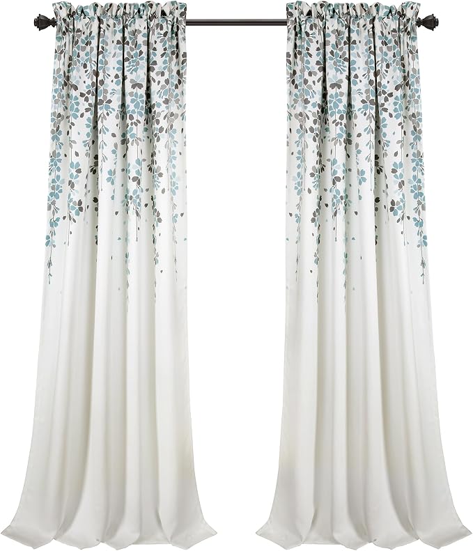 Lush Decor Weeping Flower Light Filtering Window Curtain Panels, Pair, 52"W x 95"L + 2" Header, Blue & Gray - Charming Modern Floral Curtains for Living Room, Dining Room, & Bedroom