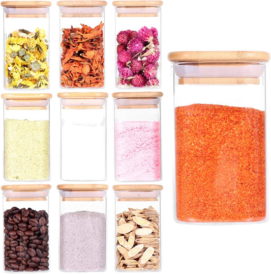 10 Pcs Glass Spice Jars - 8oz Empty Square Spice Storage Containers With Bamboo Airtight Lid and Labels - Thicken Small Glass canister for Kitchen Seasoning,Coffee Bean,Tea,Suger,Herbs