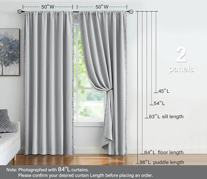 Treatmentex Pom Pom Grey Curtains for Bedroom Windows 84 inch Energy Efficient Thermal Insulated Living Room Darkening Curtain Panels Drapes Nursery Room Children 52" w x2 Panels Rod Pocket