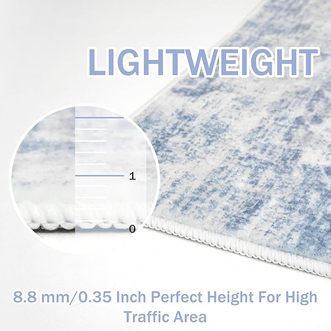 IOHOUZE Abstract Runner Rug 2x10 Ft Washable Runners for Hallways, Non Slip Kitchen Runner Printed Faux Wool Entryway Runner Indoor, Modern Abstract Floor Carpet for Hall Kitchen, Light Blue Grey