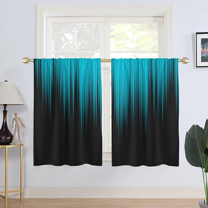 AAtter Teal and Black Kitchen Curtains, Ombre 27.5" W x 45" L, 2 Panels | Turquoise Modern Rod Pocket Bathroom Window Drapes, Dark Abstract Striped Style, Cool Anime Design, Aqua Small Short Tiers