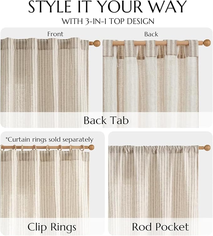 jinchan Linen Curtains 84 Inch Taupe Grey Stripe on Beige Back Tab 4 Panels | Curtains For Living Room Bedroom,Ticking Stripe Pattern, Farmhouse Cottage Core Rustic,Window Treatment,Light Filtering