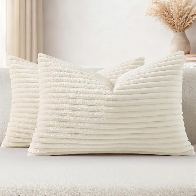 Simmore Decorative Fall Throw Pillow Covers 12x20 Set of 2, Soft Natural Plush Flannel Double-Sided Fluffy Rectangle Pillow Covers for Couch Sofa Living Room, Cream White