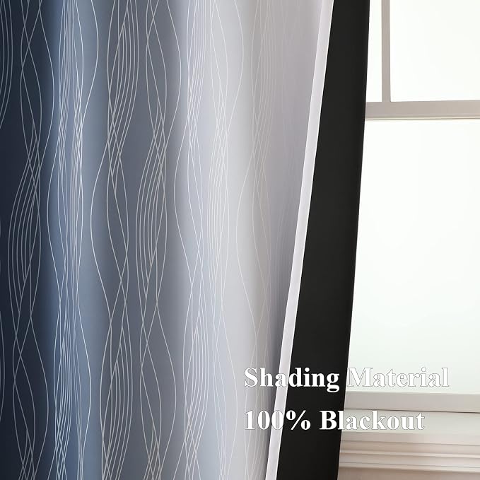 Estelar Textiler Full Room Darkening Greyish White and Navy Blue Blackout Curtains 72 Inch Length 2 Panels Set, Ombre Thermal Insulated Light Blocking Grommet Blackout Drapes for Bedroom, 42Wx72L