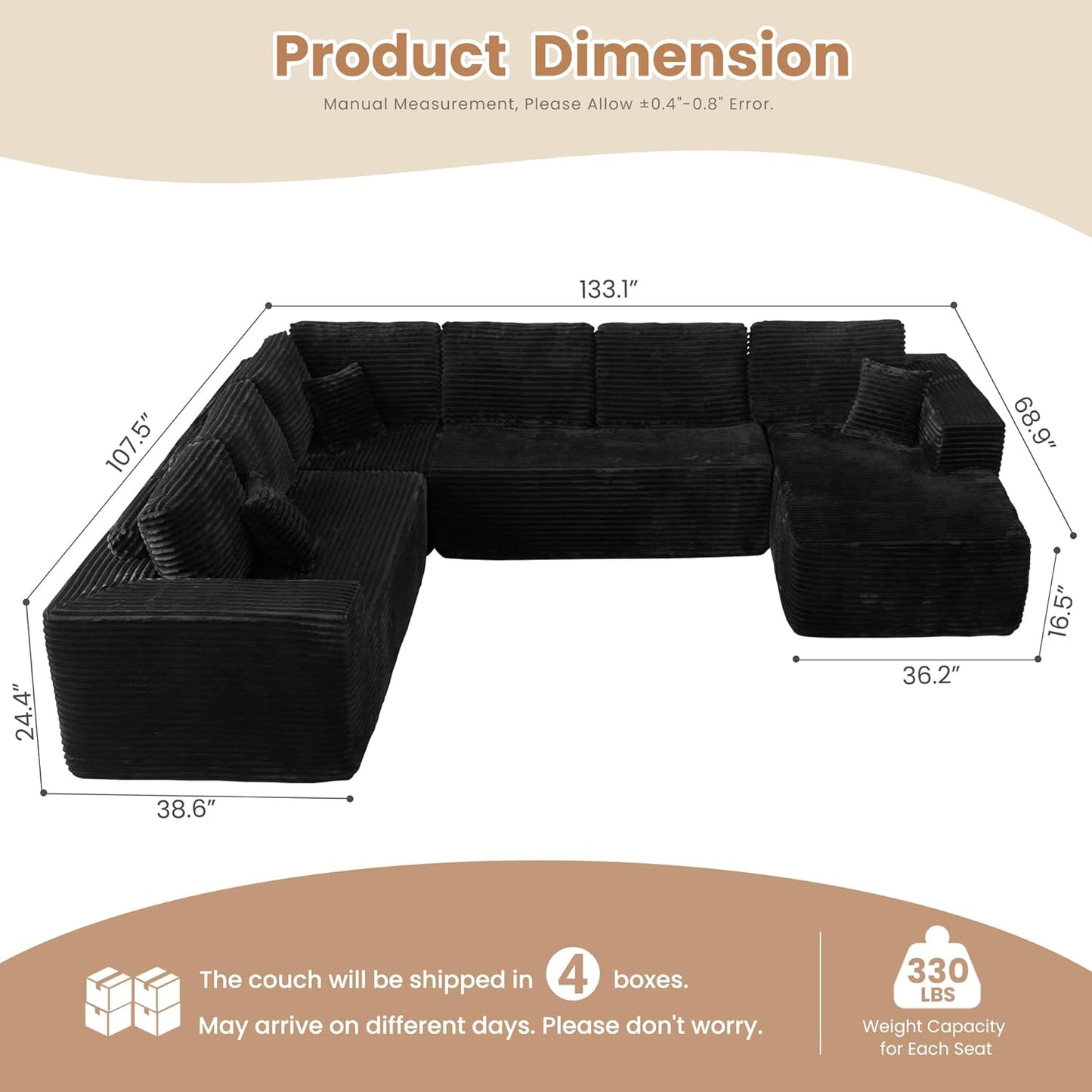 HOOOWOOO Cloud Sectional Couches for Living Room,Modular Sectional Sofa No Assembly,133X108 Inch Plush Corduroy Large U Shaped Floor Couch Set with Deep Seat Right Chaise(Black)