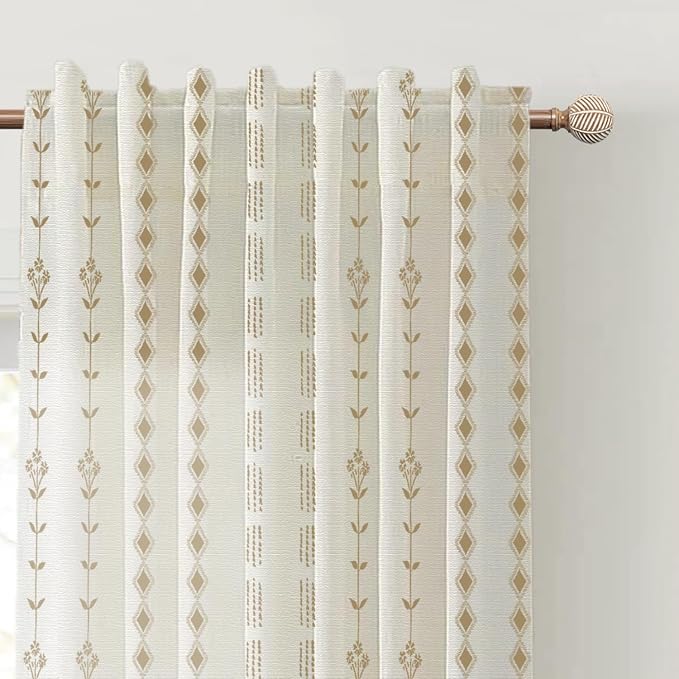 Brown Curtains for Living Room 2 Panels,Sheer Floral Linen Boho Farmhouse Light Weight Window Treatments