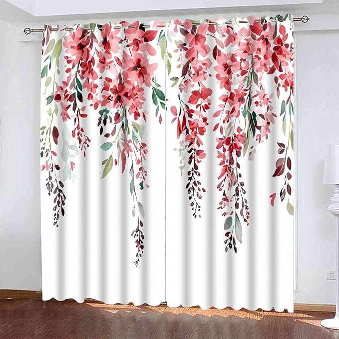 Red Watercolor Floral Curtains, 52x84 inch, 2 Panels | Botanical Leaves Vine Flowers, Rustic Farmhouse, Blackout Window Treatment, For Bedroom Living Room