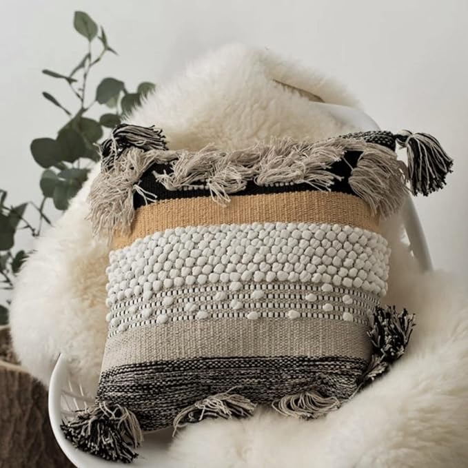 Throw Boho Pillow Cover, 18”x18” Bohemian Moroccan Rustic Decorative Pillows with Tufted Accents, Plush Handwoven Cotton, Textured Woven Neutral Farmhouse Scandinavian Home Decor