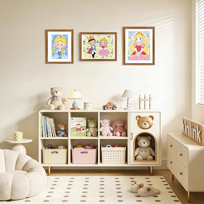 KINLINK 9x12 Kids Art Frame 2 Pack, Solid Wood Artwork Frames Changeable, Front Opening Hold 150 Pictures, Art Frames for Kids Artwork, 8.5x11 with Mat 9x12 without Mat, Picture Frames Teak