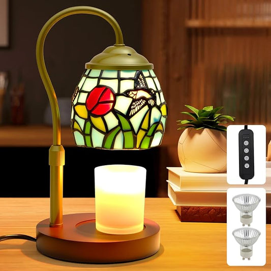 Candle Warmer Lamp with Timer Dimmer, Adjustable Height Candle Warmer for Jar Candles, Birthday Gifts for Women New Home Bedroom Decor Tiffany Hummingbird Style Stained Glass with 2 Bulbs