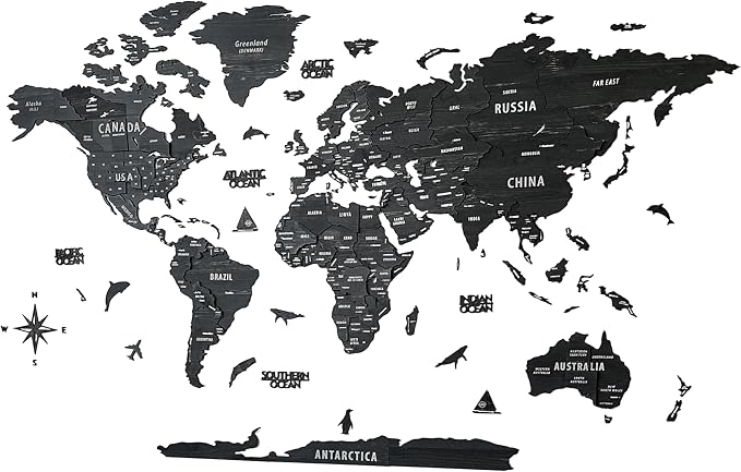 Colorfull Worlds, Multilayer 3D Wooden World Map, Travel Map States and Capitals, Wall Decor For New House, Gift For Travelers, Office Decor, Educational Activity for Children (M, Tuana)