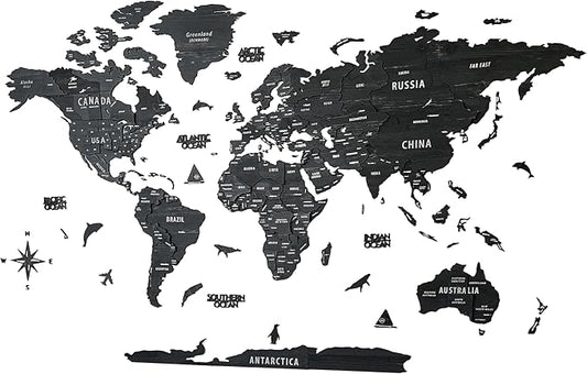 Colorfull Worlds, Multilayer 3D Wooden World Map, Travel Map States and Capitals, Wall Decor For New House, Gift For Travelers, Office Decor, Educational Activity for Children (M, Tuana)