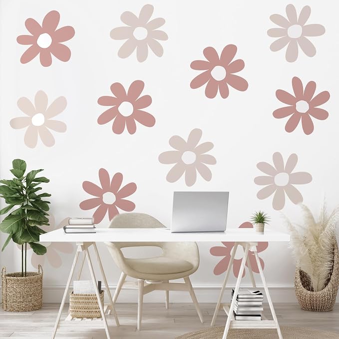 TaoBary 12 Sheet Daisy Wall Sticker Decal Removable Cute Daisy Bedroom Room Decor Flower Wall Sticker Pink White Flower Decal Wallpaper Peel and Stick for Nursery Home(Grey Color,Simple Style)