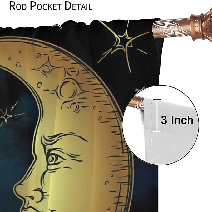 Sun Moon Blackout Windows Curtains, Boho Chic Art Golden Sun Moon and Stars Over Blue Black Sky Antique Style Curtains, for Living Room Bedroom 63x63in 2 Panels