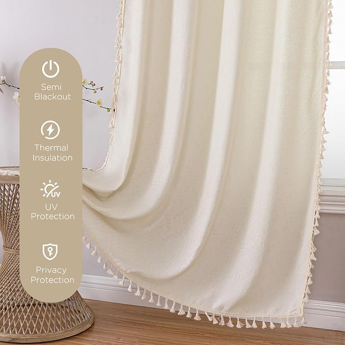Joydeco Beige Boho Curtains 63 Inch Length 2 Panels, Super Soft Bohemian Farmhouse Curtains with Tassels, Semi Sheer Light Filtering Drapes for Bedroom Living Room (Rod Pocket, 52Wx63L)