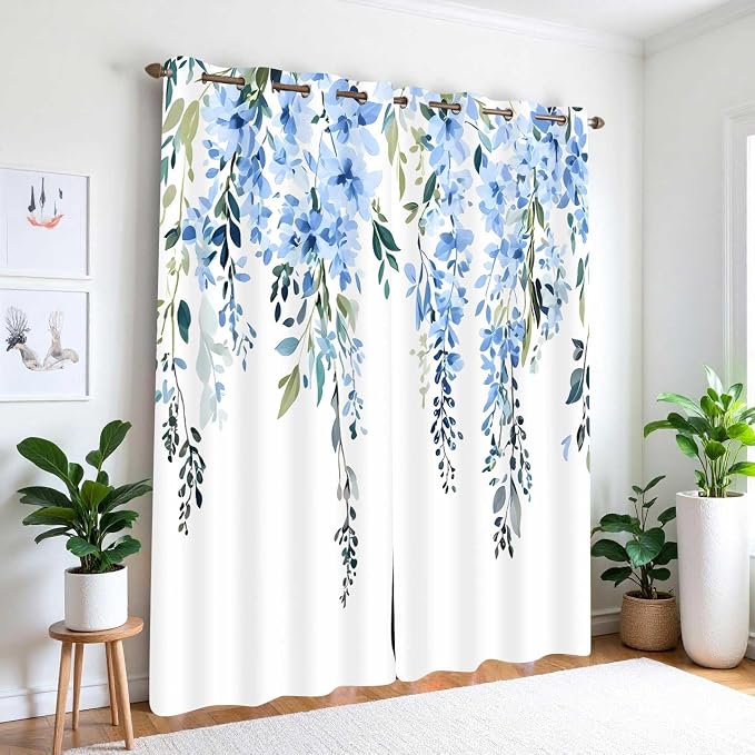 Blue Watercolor Floral Curtains, Botanical Leaves Vine Flowers Curtain, Rustic Farmhouse Flower Leaf Blackout Window Treatment Drapes for Bedroom Living Room 42x96 inch, 2 Panels