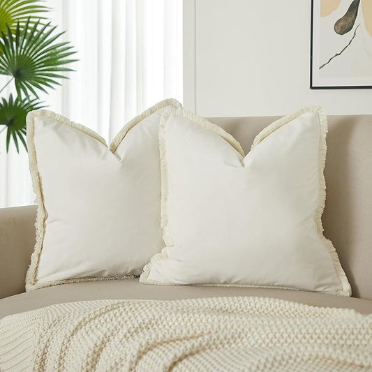 JUSPURBET Cream Decorative Velvet Fringe Throw Pillow Covers 16x16 Set of 2 Boho Soft Cushion Case for Home Decor Living Room Couch Sofa Bed