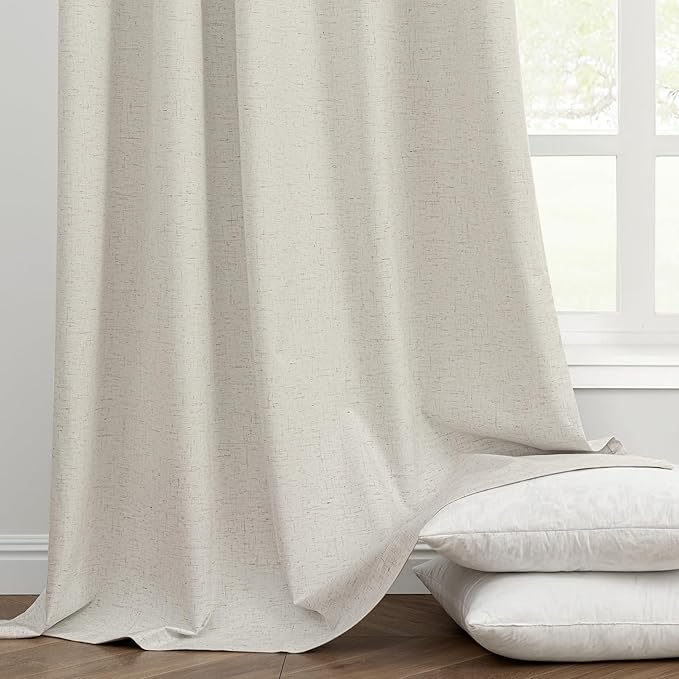 EMEMA Natural Linen Blackout Curtains 120 inch Long 2 Panels Set for Bedroom Back Tab Thermal Insulated 100% Black Out Drapes Pinch Pleated Hooks Room Darkening Window Curtain for Living Room