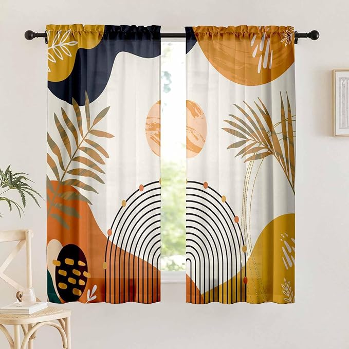 Boho Curtains 63 Inch Length Mid Century Light Filtering Curtains for Living Room Orange Abstract Leaves Dining Room Curtain Rainbow Modern Geometric Kitchen Curtain Colorful Window Drape 2 Panels