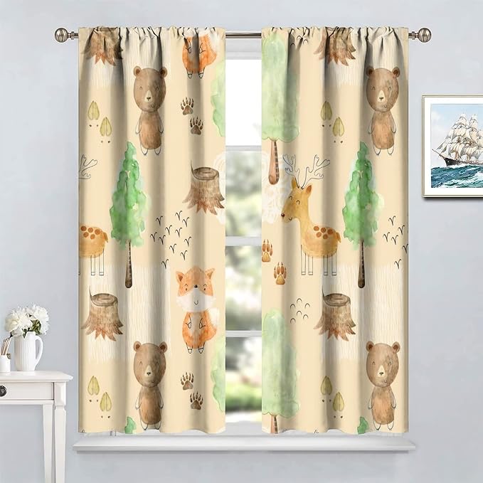 Rustic Animal Curtains, Wild Forest Animal Bear Fox Deer Kids Window Treatments for Living Room Bedroom, Farmhouse Woodland Blackout Drapes 2 Panel Sets, 72x63 Inch